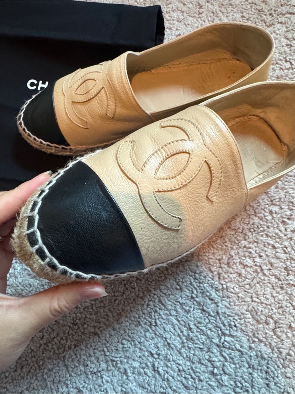 CHANEL Beige Leather Espadrilles with Black Cap Toe